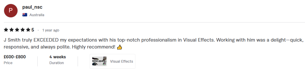 Testimonial from paul_nsc - Visual Effects